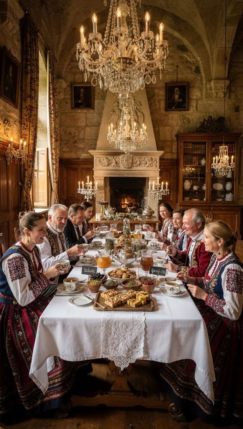 Tradičná slovenská čajová súprava na slávnostnom stole.