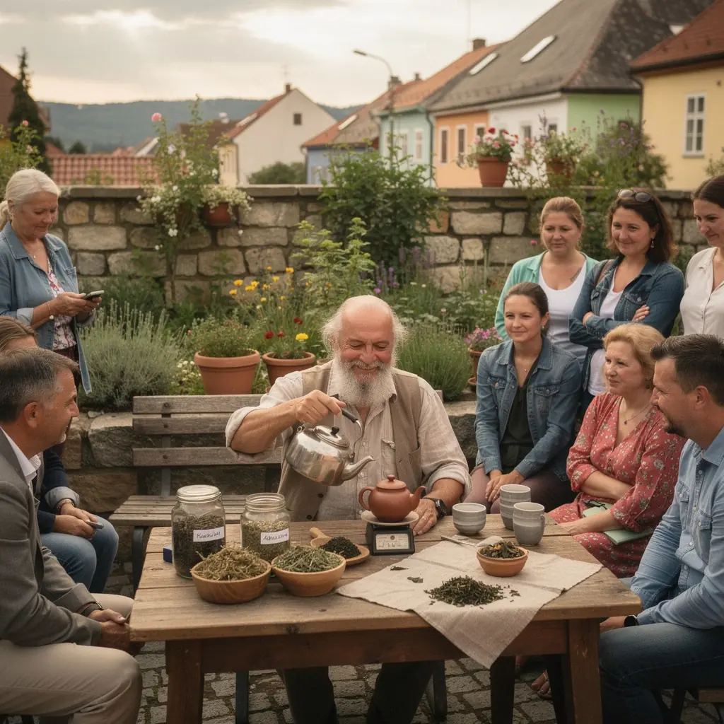 Osoba si vychutnáva čaj v prírode s výhľadom na hory.