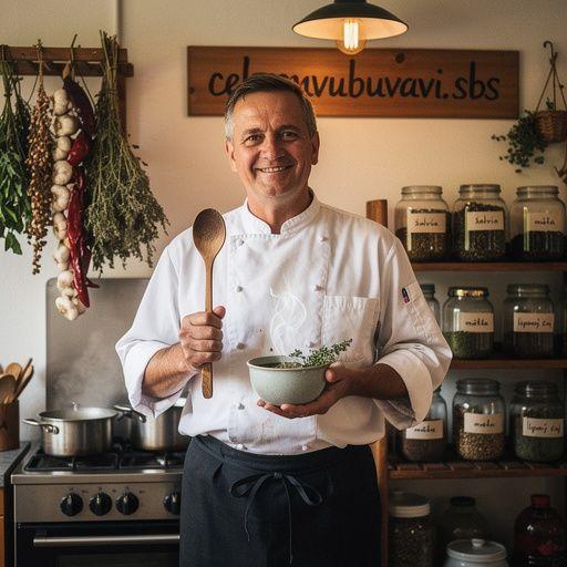 Zelený čaj s bylinkami na drevenom stole v tradičnej slovenskej kuchyni